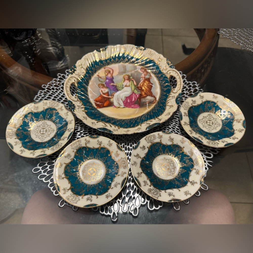 Vintage Victoria Austria Hand Painted Maiden Plate & 4 Saucers Lot**Read**